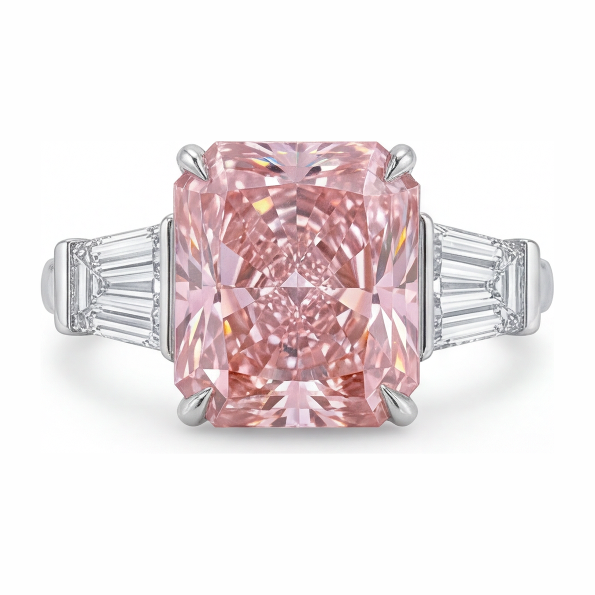 6 Carat Radiant Pink Lab Grown Diamond and White Diamond Three Stone Ring 14K White Gold