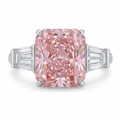 6 Carat Radiant Pink Lab Grown Diamond and White Diamond Three Stone Ring 14K White Gold