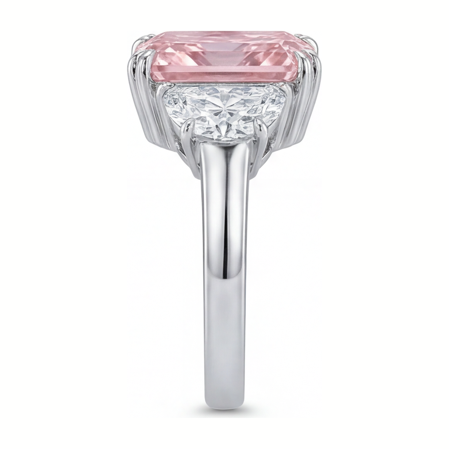 6 Carat Radiant Pink Lab Grown Diamond and White Diamond Three Stone Ring 14K White Gold