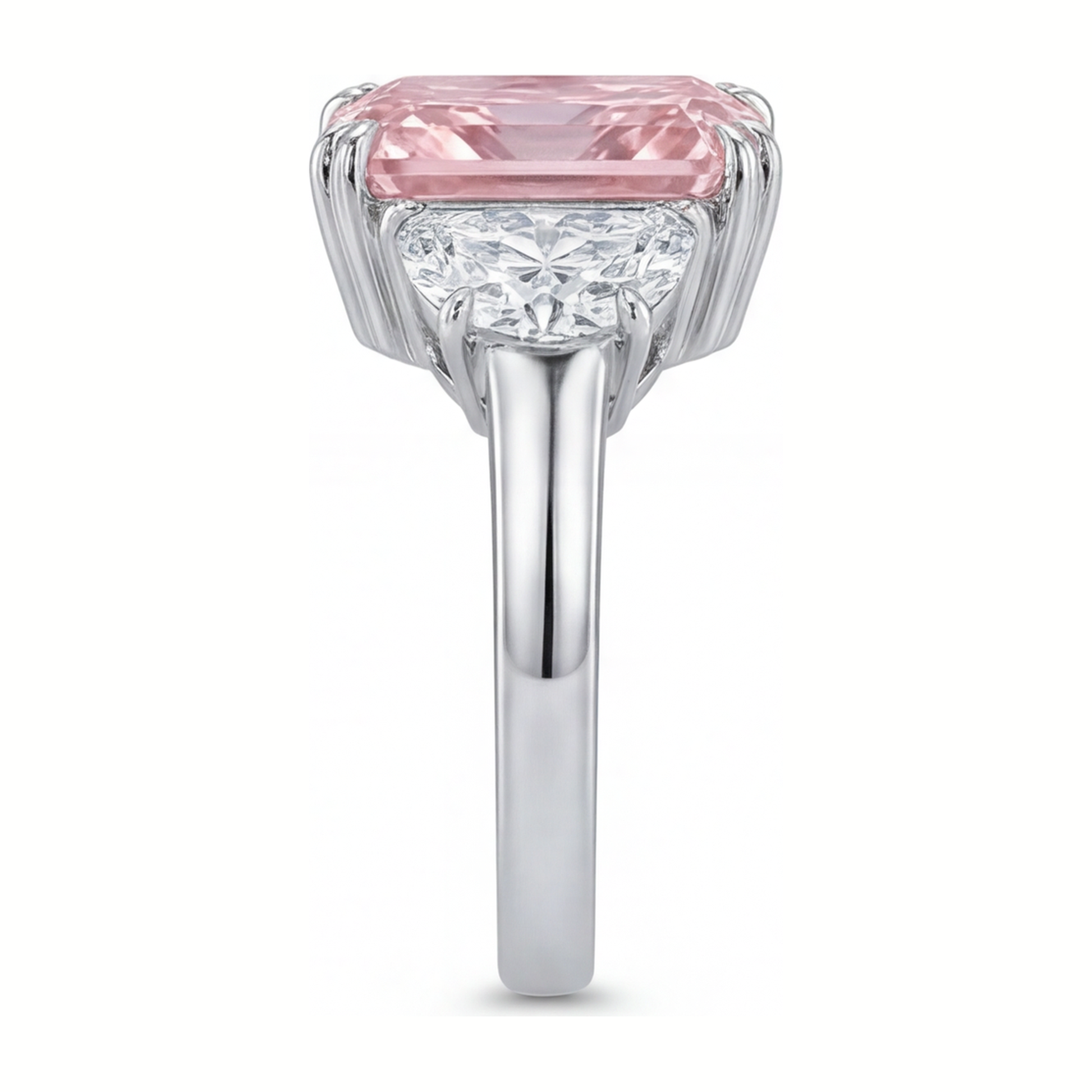 6 Carat Radiant Pink Lab Grown Diamond and White Diamond Three Stone Ring 14K White Gold
