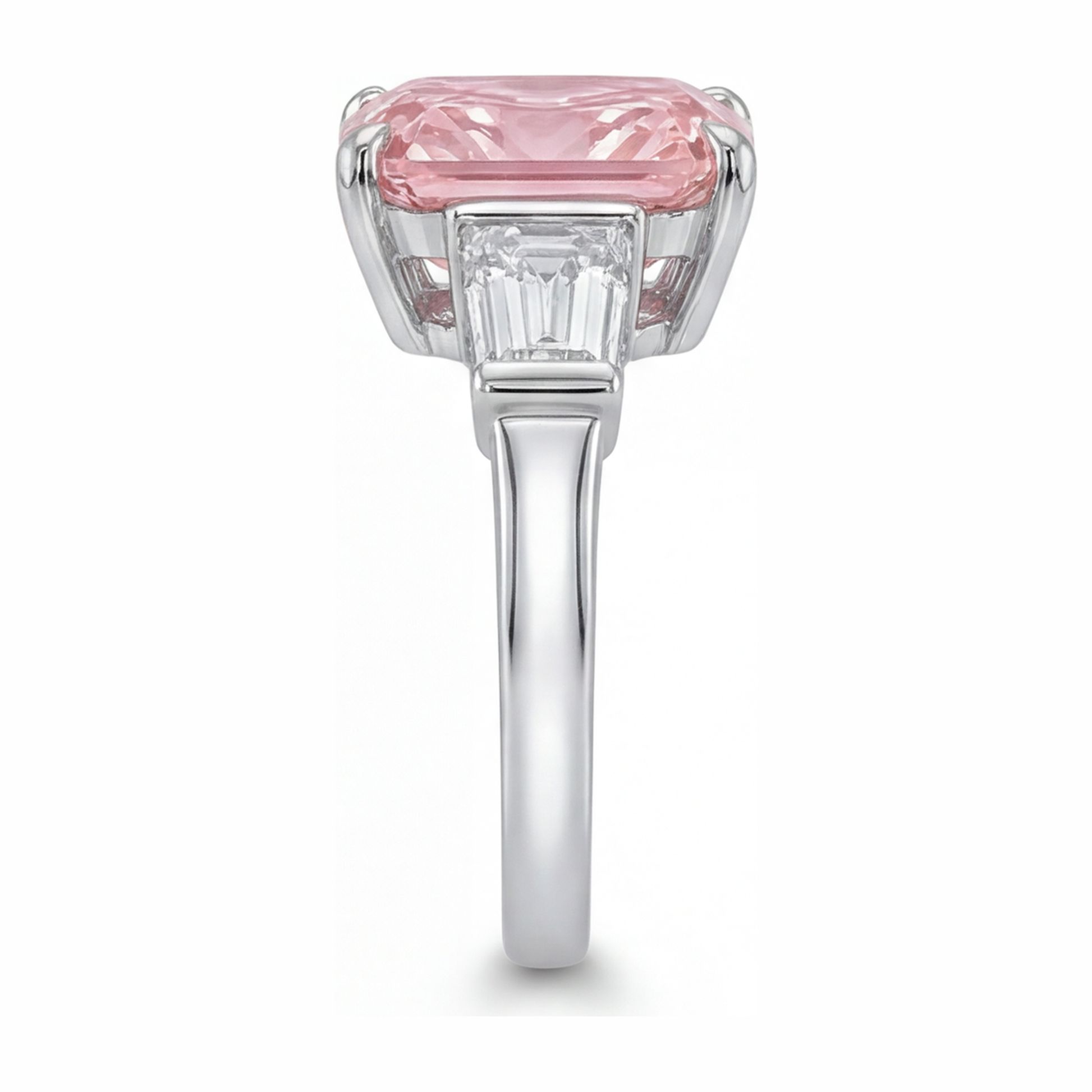 6 Carat Radiant Pink Lab Grown Diamond and White Diamond Three Stone Ring 14K White Gold