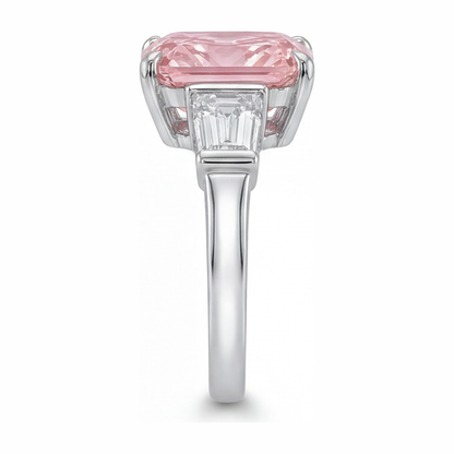 6 Carat Radiant Pink Lab Grown Diamond and White Diamond Three Stone Ring 14K White Gold