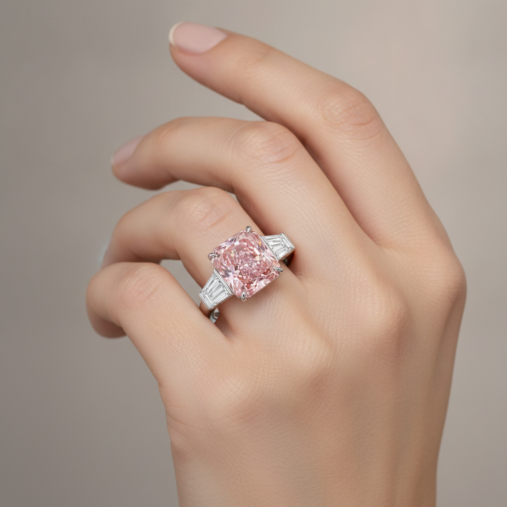 6 Carat Radiant Pink Lab Grown Diamond and White Diamond Three Stone Ring 14K White Gold worn