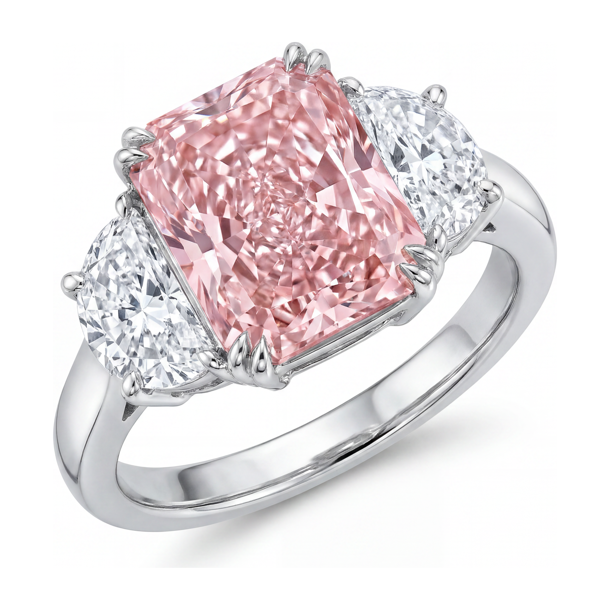 6 Carat Radiant Pink Lab Grown Diamond and White Diamond Three Stone Ring 14K White Gold