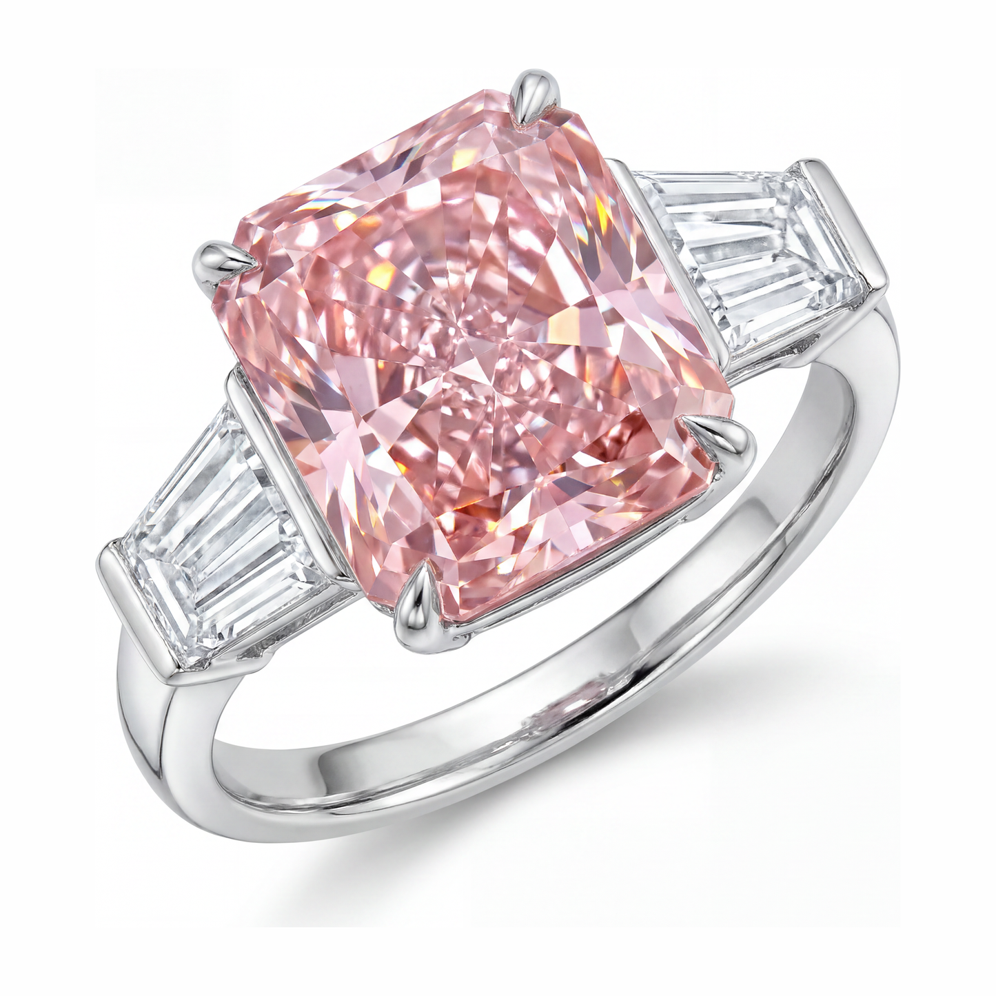 6 Carat Radiant Pink Lab Grown Diamond and White Diamond Three Stone Ring 14K White Gold
