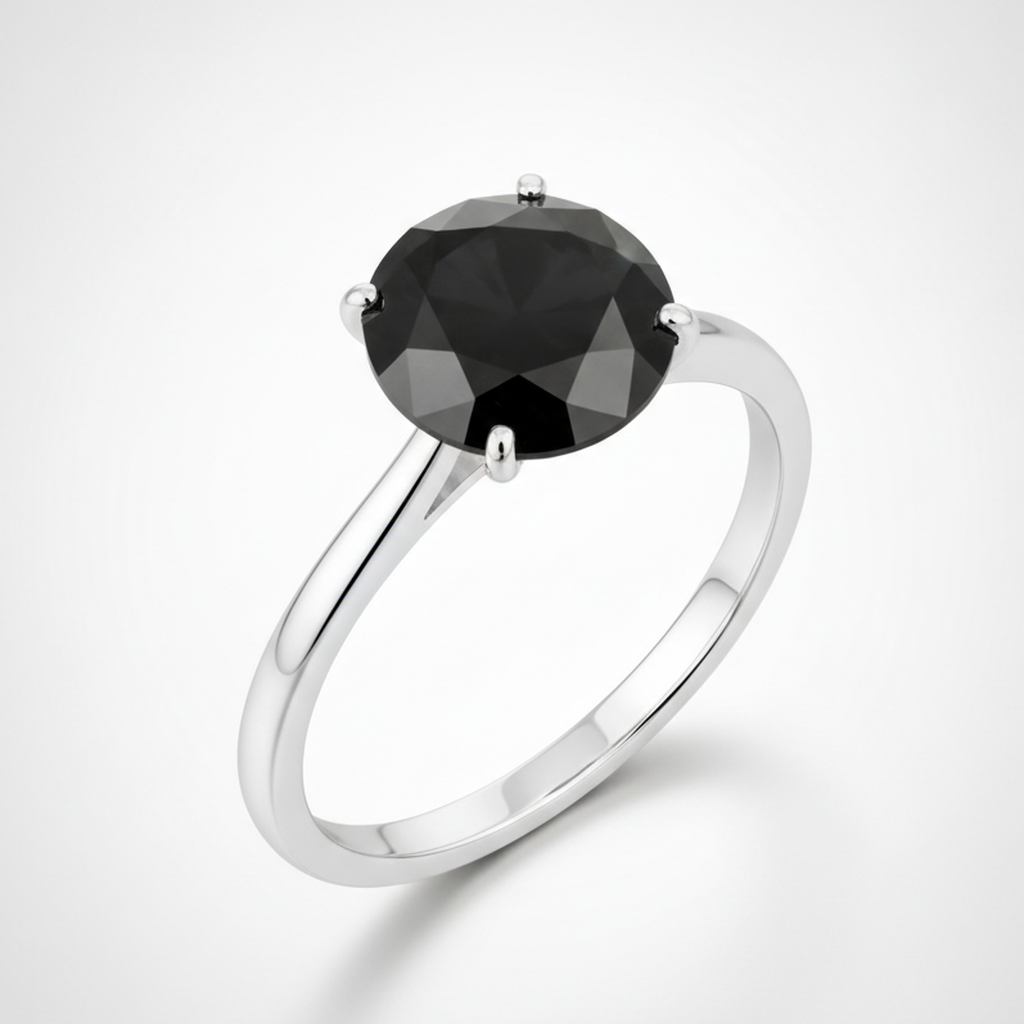 6 Carat Round Black Diamond Solitaire Ring Natural 14K White Gold