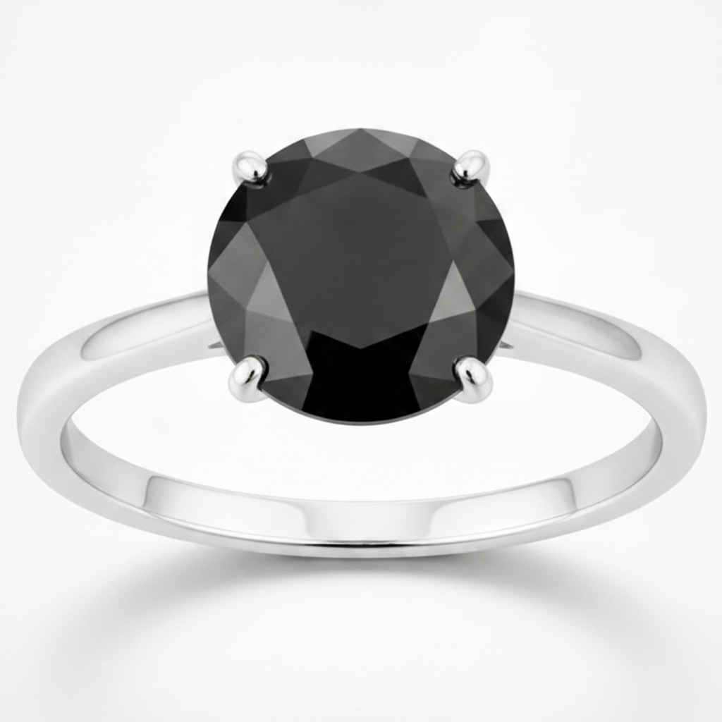 6 Carat Round Black Diamond Solitaire Ring Natural 14K White Gold