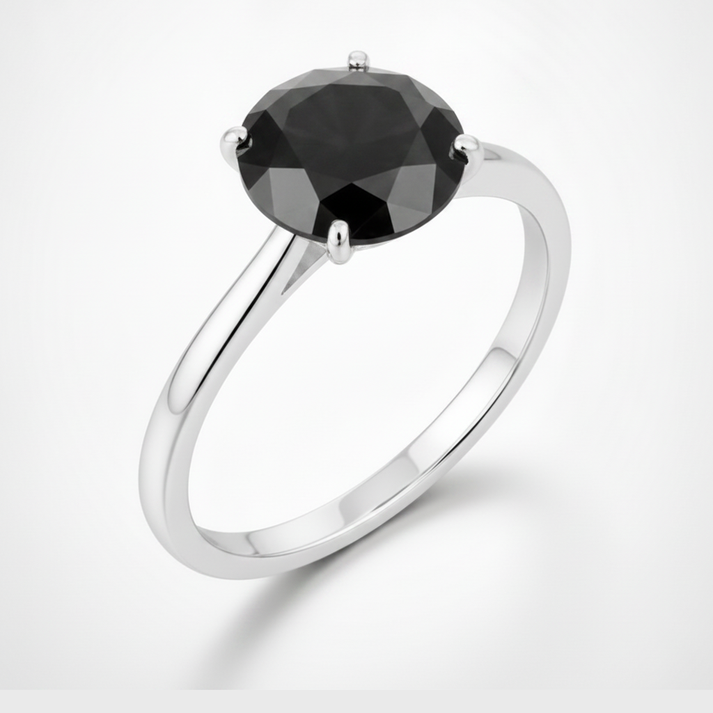 6 Carat Round Black Diamond Solitaire Ring Natural 14K White Gold