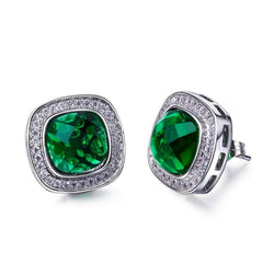 6.20 Carats Green Emerald With Diamonds Studs Halo Earrings 14K White Gold