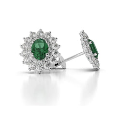 6.50 Carats Round Cut Green Emerald & Diamond Stud Earrings White Gold 14k