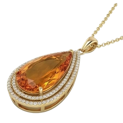 Yellow Gold 14K Pear Madeira Citrine With Round Natural Earth Mined Diamonds Pendant 21 Ct