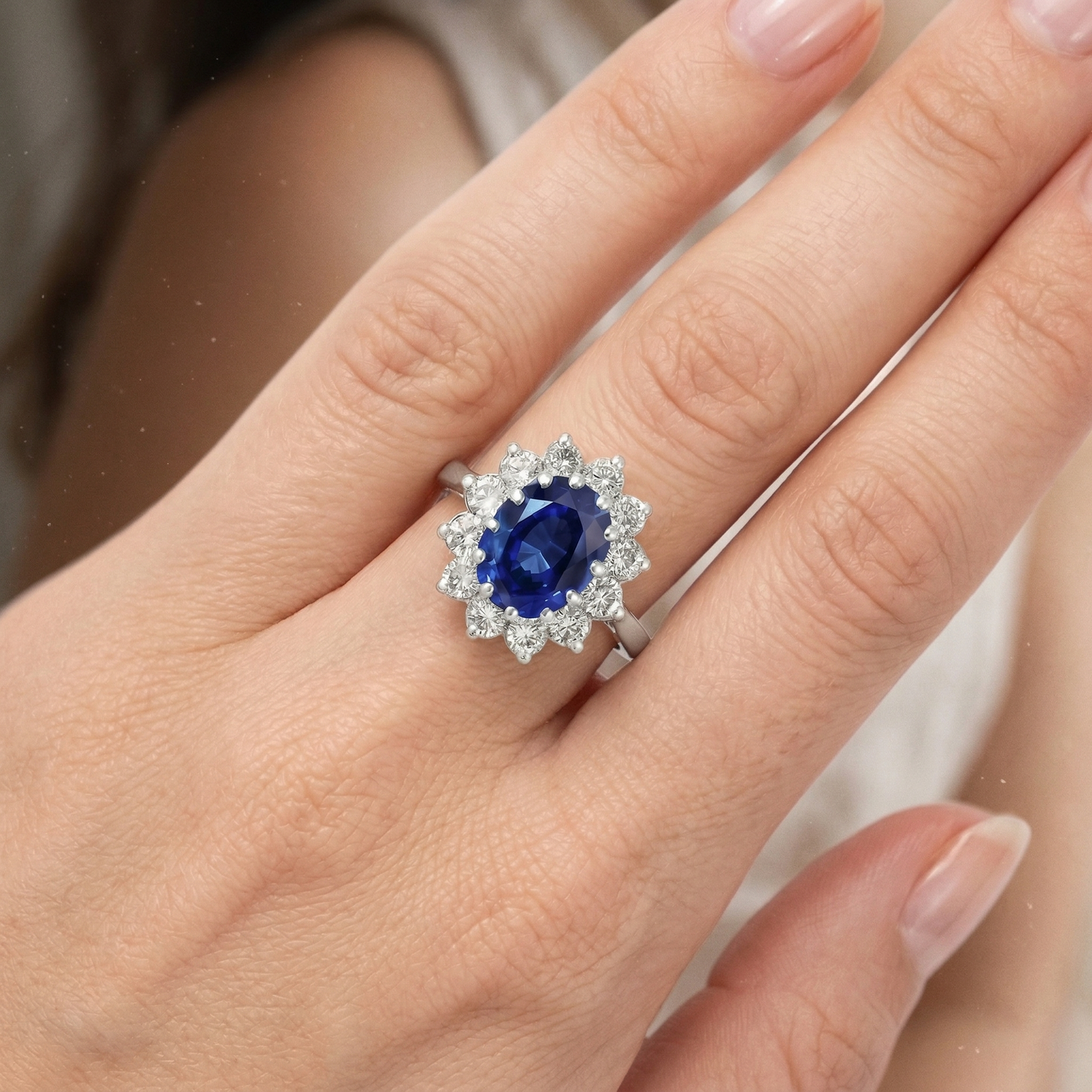 6 Carats Sri Lanka Blue Sapphire Natural Earth Mined Diamonds Ring 14K White Gold