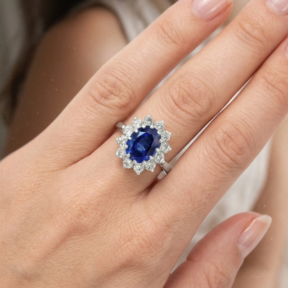 6 Carats Sri Lanka Blue Sapphire Natural Earth Mined Diamonds Ring 14K White Gold