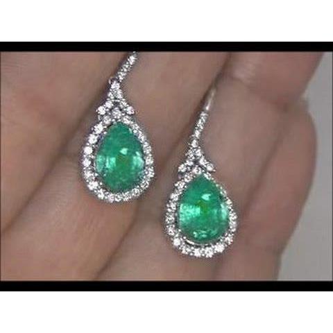6 Carats Green Emerald And Natural Earth Mined Diamond Dangle Earrings White Gold 14K