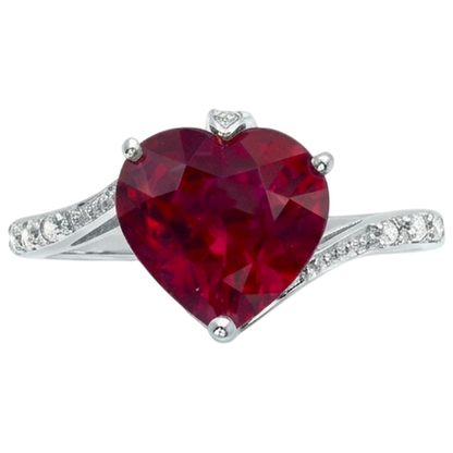 7.20 Ct Heart Cut Red Ruby IGI CERTIFIED And Round Diamond Ring Gold White 14K