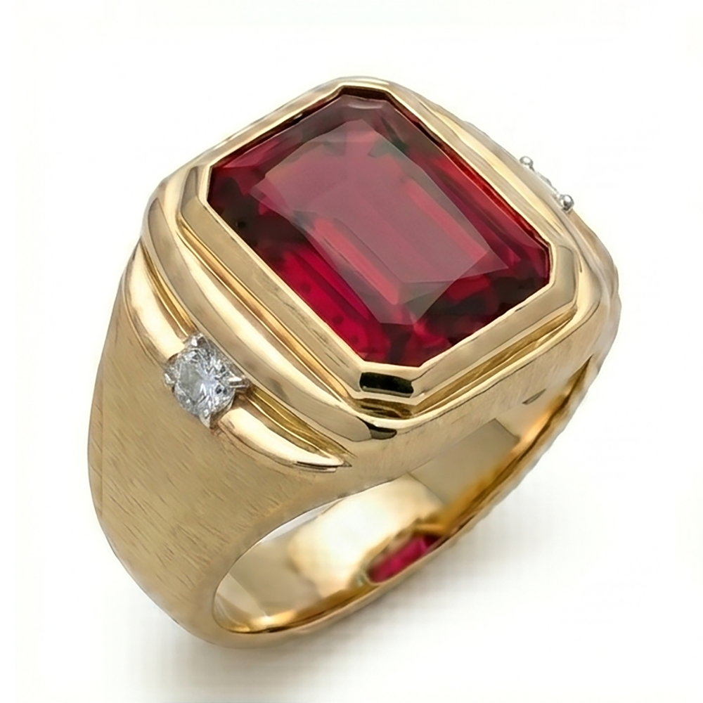 7.20ctw Radiant Lab Grown Ruby Men's Ring 10K Yellow Gold