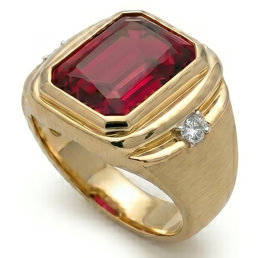 7.20ctw Radiant Lab Grown Ruby Men's Ring 10K Yellow Gold