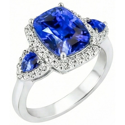 7.25 Ct Cushion Ceylon Sapphire And Natural Earth Mined Diamonds Ring White Gold 14K