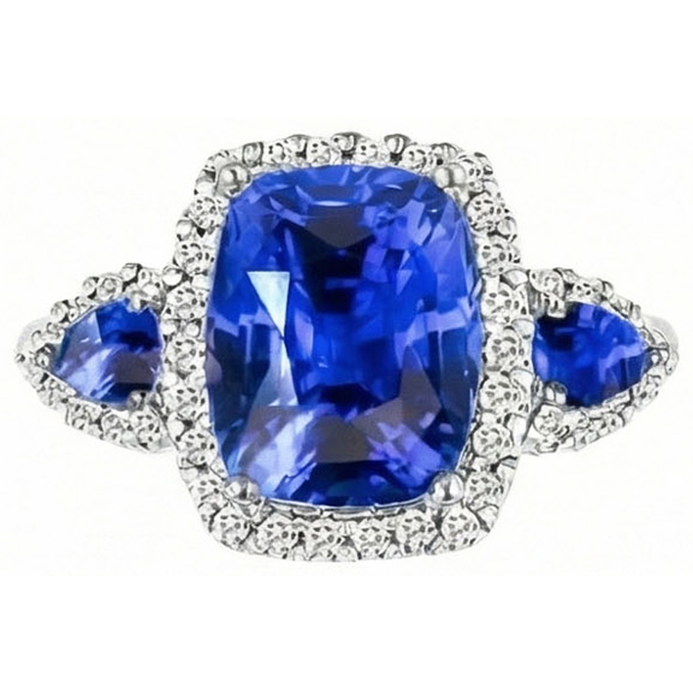7.25 Ct Cushion Ceylon Sapphire And Natural Earth Mined Diamonds Ring White Gold 14K