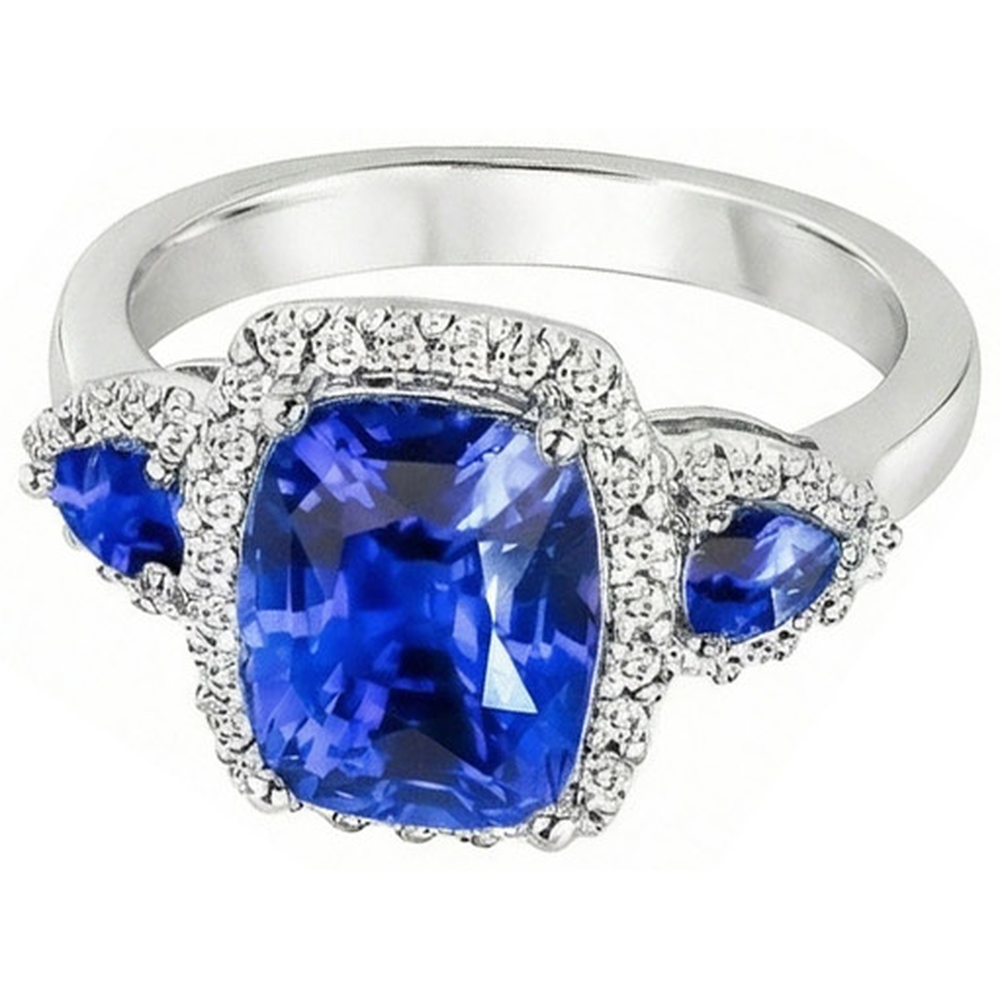 7.25 Ct Cushion Ceylon Sapphire And Natural Earth Mined Diamonds Ring White Gold 14K