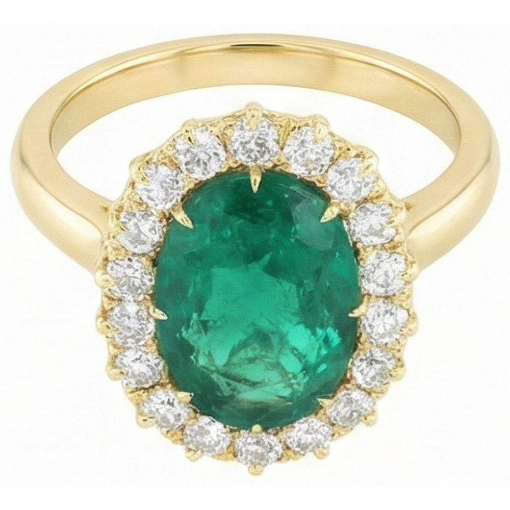 7.50 Carats Oval Green Emerald GIA And Round Natural Earth Mined Diamonds Ring Yellow Gold 14K