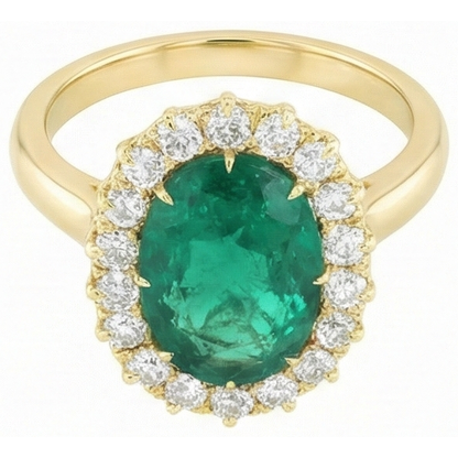 7.50 Carats Oval Green Emerald GIA And Round Natural Earth Mined Diamonds Ring Yellow Gold 14K