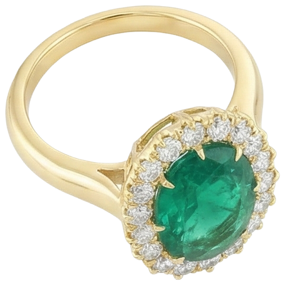 7.50 Carats Oval Green Emerald GIA And Round Natural Earth Mined Diamonds Ring Yellow Gold 14K