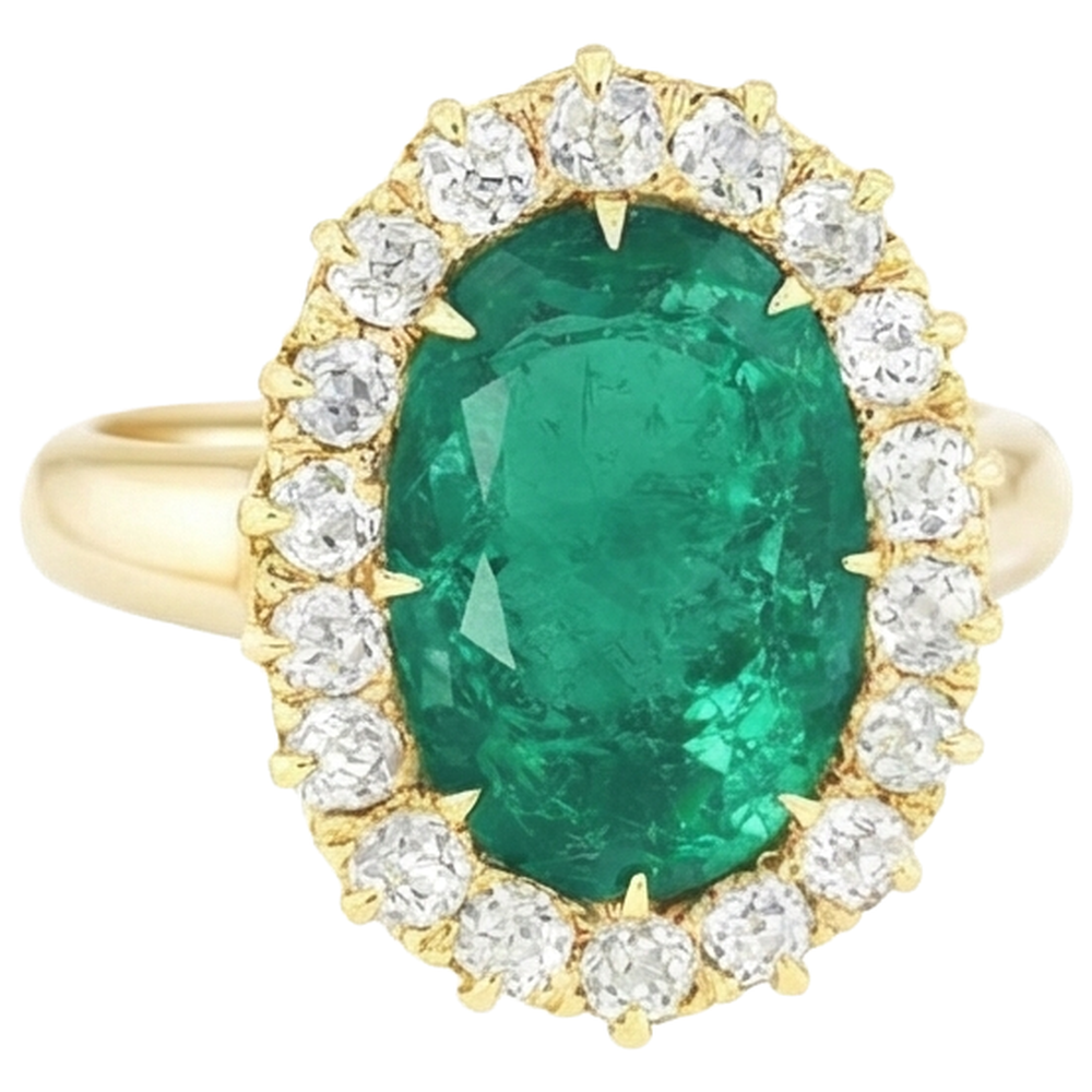 7.50 Carats Oval Green Emerald GIA And Round Natural Earth Mined Diamonds Ring Yellow Gold 14K