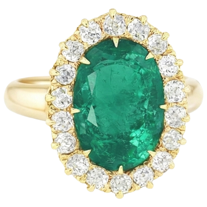 7.50 Carats Oval Green Emerald GIA And Round Natural Earth Mined Diamonds Ring Yellow Gold 14K