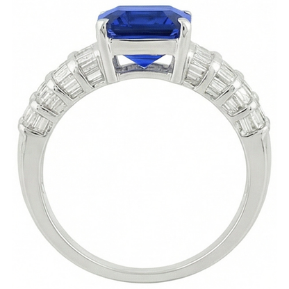 7.51 Ct Ceylon Sapphire Emerald And Baguette Natural Earth Mined Diamonds White Gold Ring