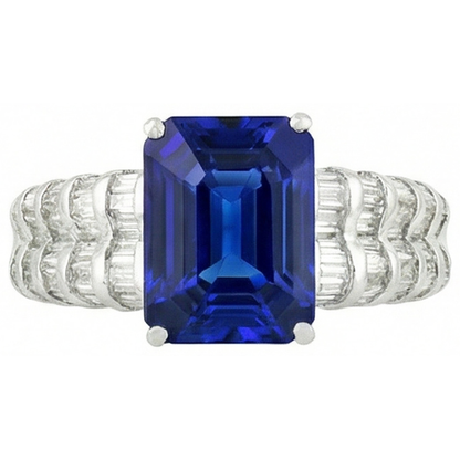 7.51 Ct Ceylon Sapphire Emerald And Baguette Natural Earth Mined Diamonds White Gold Ring