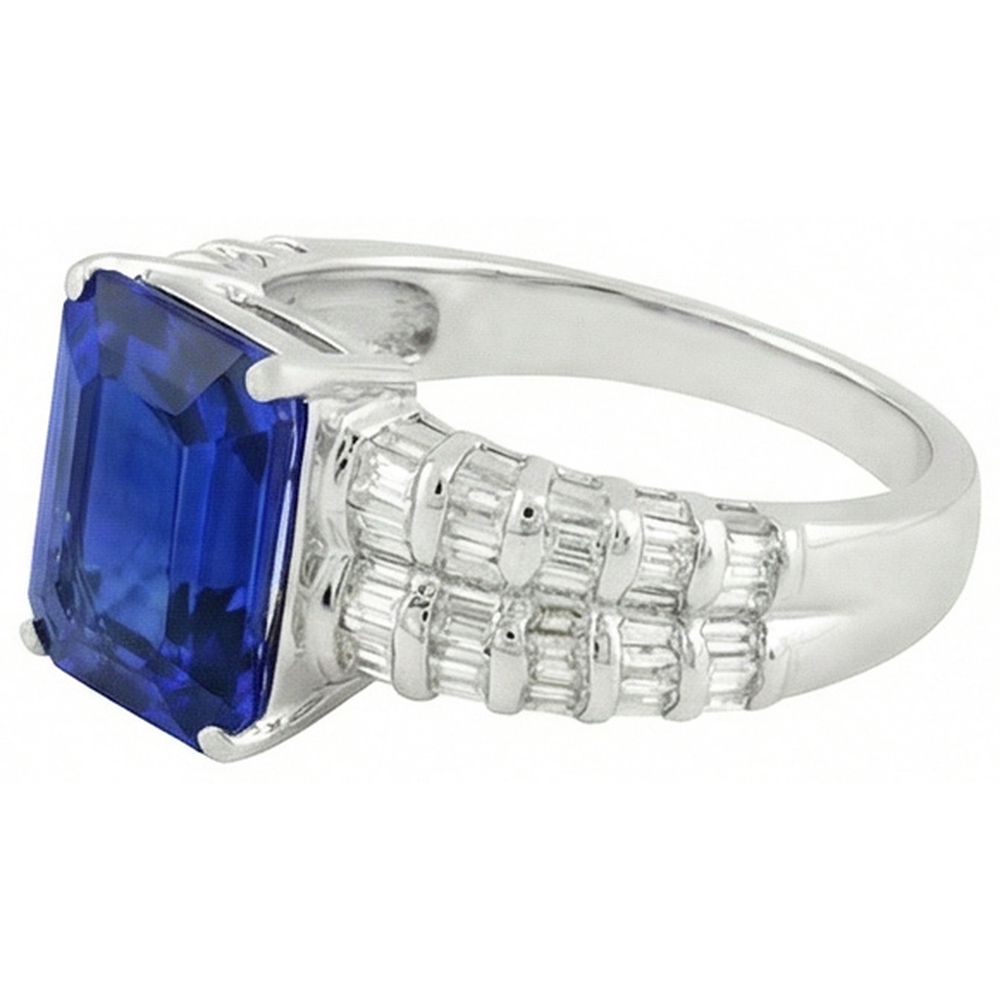 7.51 Ct Ceylon Sapphire Emerald And Baguette Natural Earth Mined Diamonds White Gold Ring