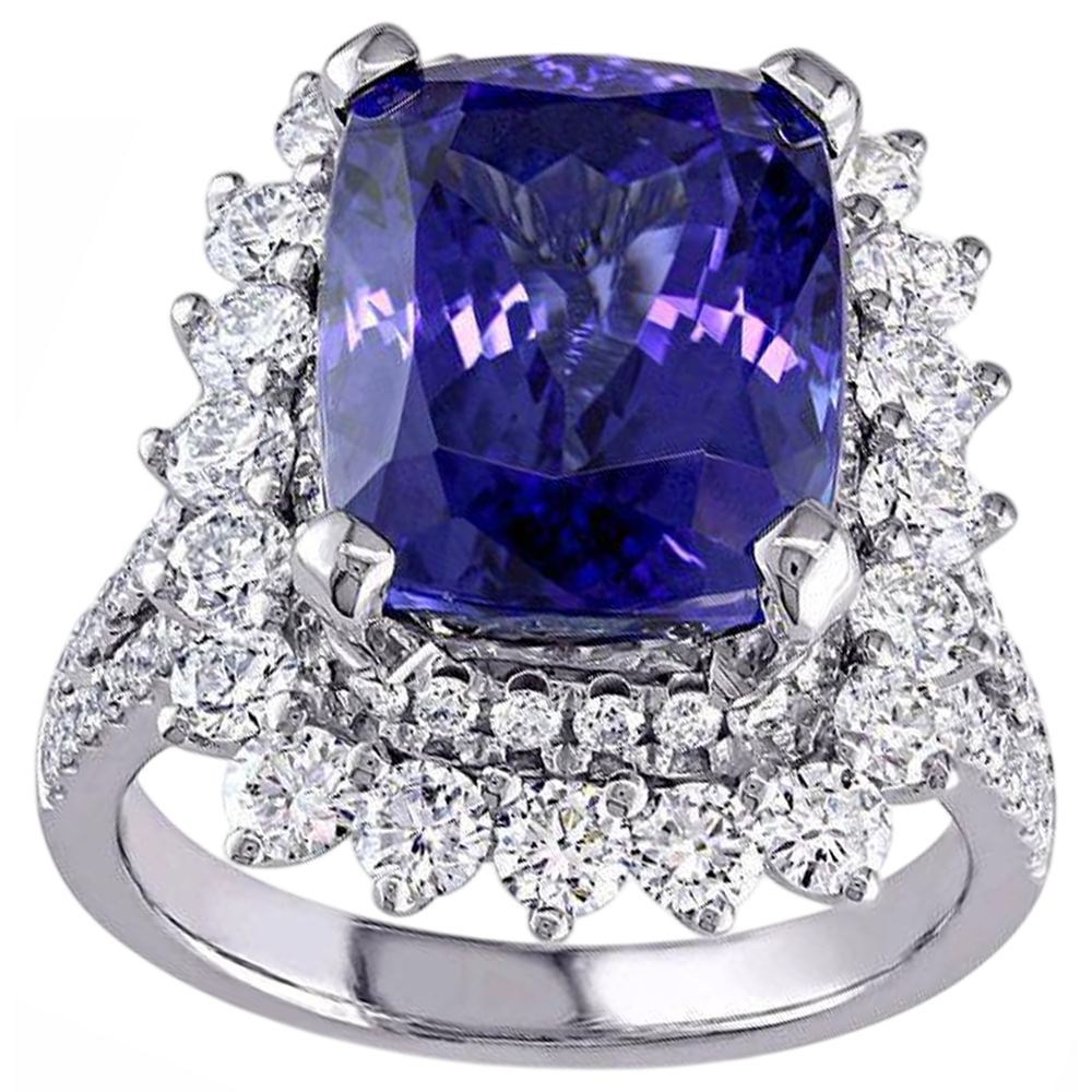 7.75 Carats Big Tanzanite And Small Natural Earth Mined Diamonds Ring White Gold 14K