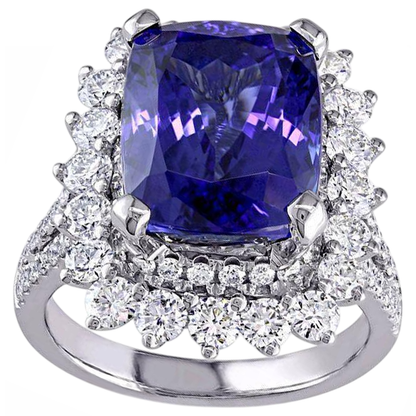 7.75 Carats Big Tanzanite And Small Natural Earth Mined Diamonds Ring White Gold 14K