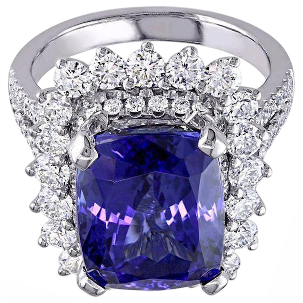 7.75 Carats Big Tanzanite And Small Natural Earth Mined Diamonds Ring White Gold 14K