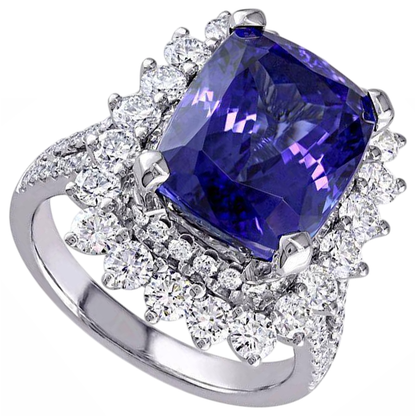 7.75 Carats Big Tanzanite And Small Natural Earth Mined Diamonds Ring White Gold 14K