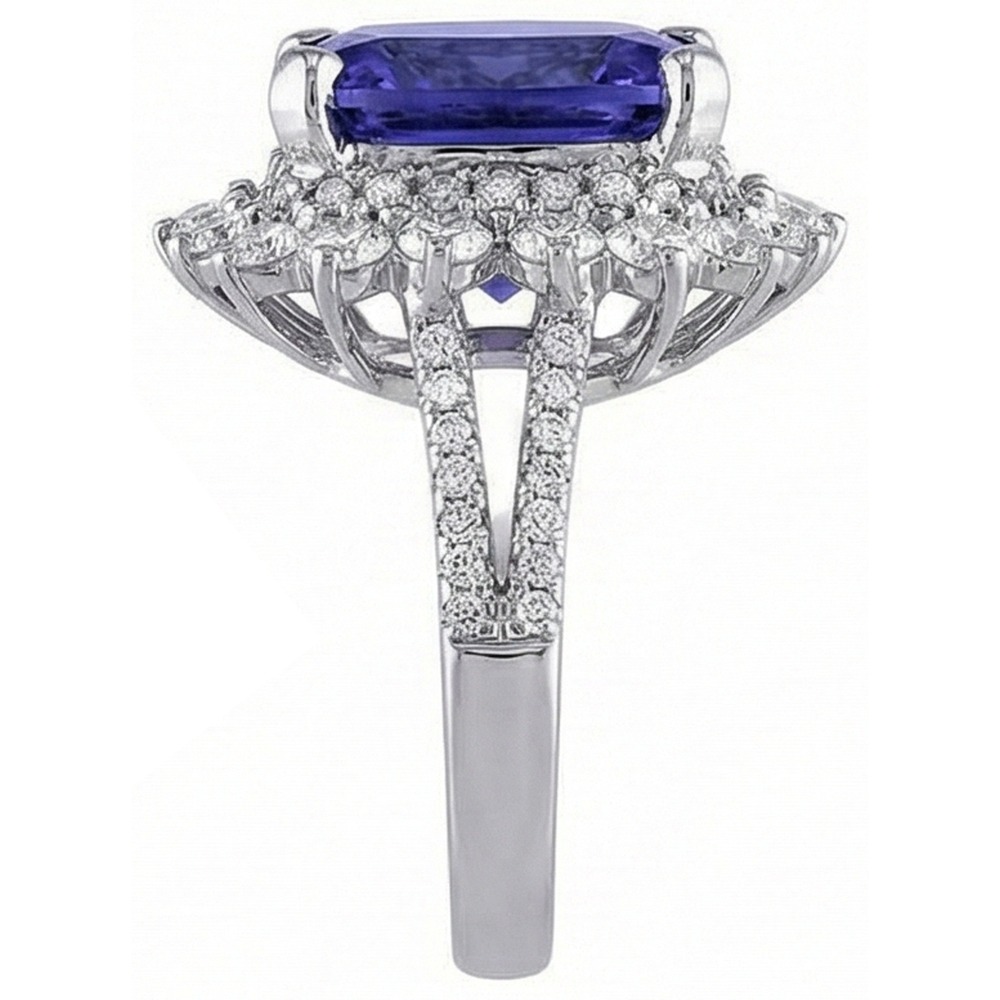 7.75 Carats Big Tanzanite And Small Natural Earth Mined Diamonds Ring White Gold 14K