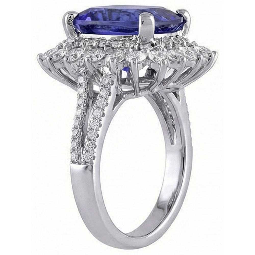 7.75 Carats Big Tanzanite And Small Natural Earth Mined Diamonds Ring White Gold 14K