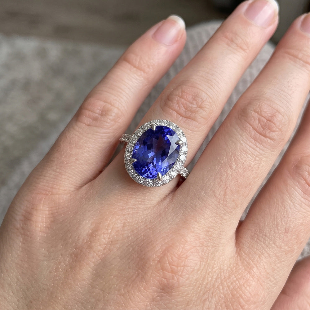 7.75 Ct Gold Jewelry Oval Tanzanite With Halo Natural Earth Mined Diamond Ring