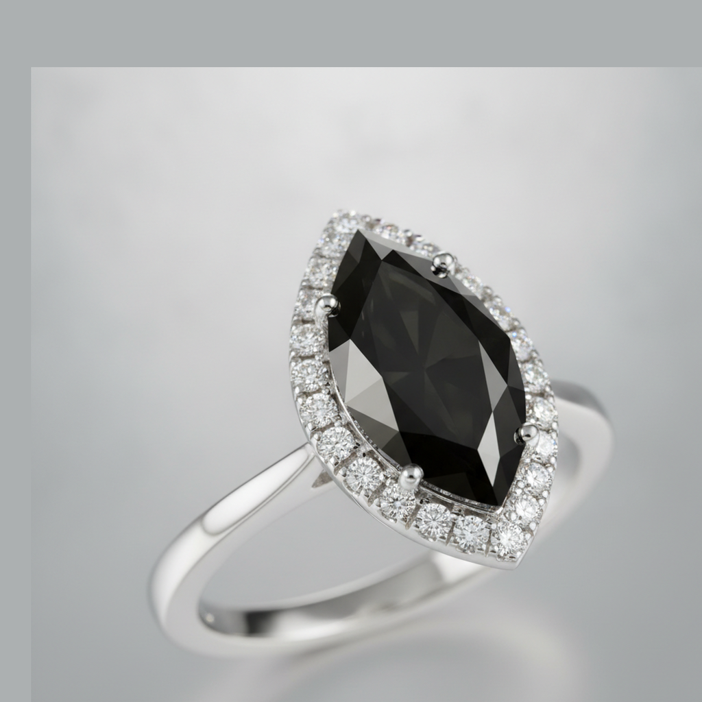 7 Carat Marquise Black Diamond and White Diamond Halo Ring Natural 14K White Gold