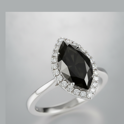 7 Carat Marquise Black Diamond and White Diamond Halo Ring Natural 14K White Gold