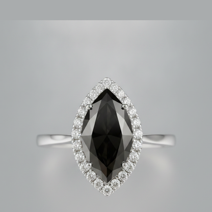 7 Carat Marquise Black Diamond and White Diamond Halo Ring Natural 14K White Gold