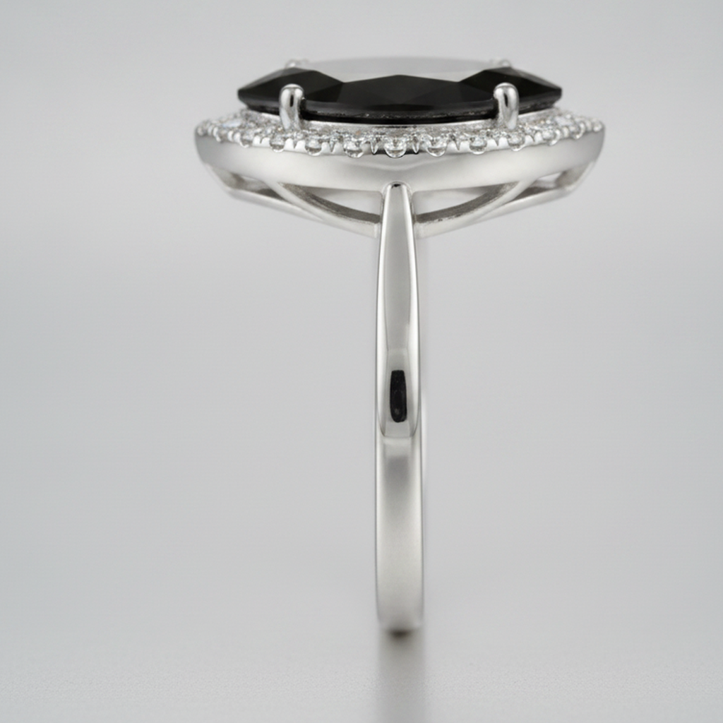 7 Carat Marquise Black Diamond and White Diamond Halo Ring Natural 14K White Gold