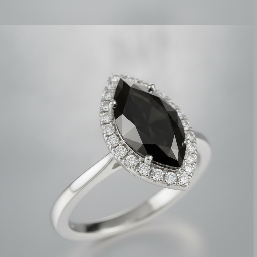 7 Carat Marquise Black Diamond and White Diamond Halo Ring Natural 14K White Gold