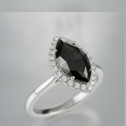 7 Carat Marquise Black Diamond and White Diamond Halo Ring Natural 14K White Gold