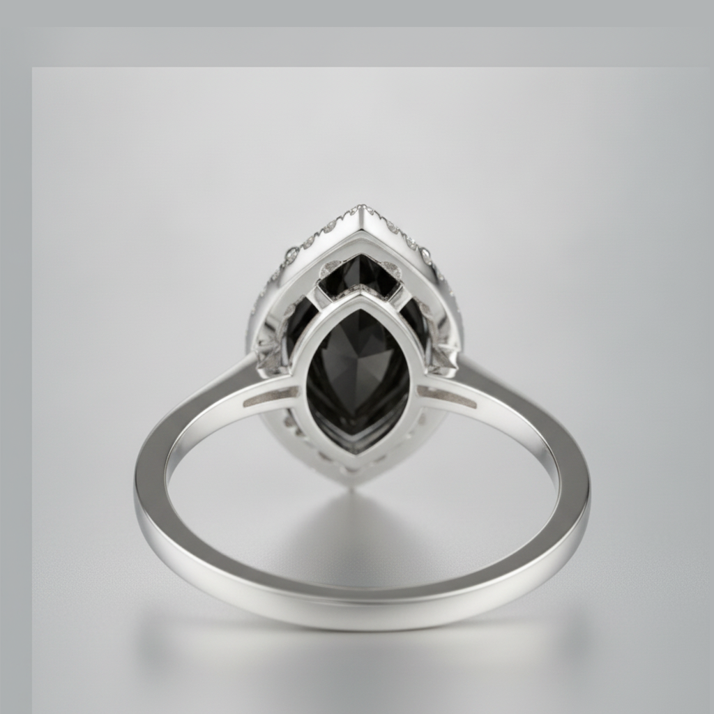 7 Carat Marquise Black Diamond and White Diamond Halo Ring Natural 14K White Gold