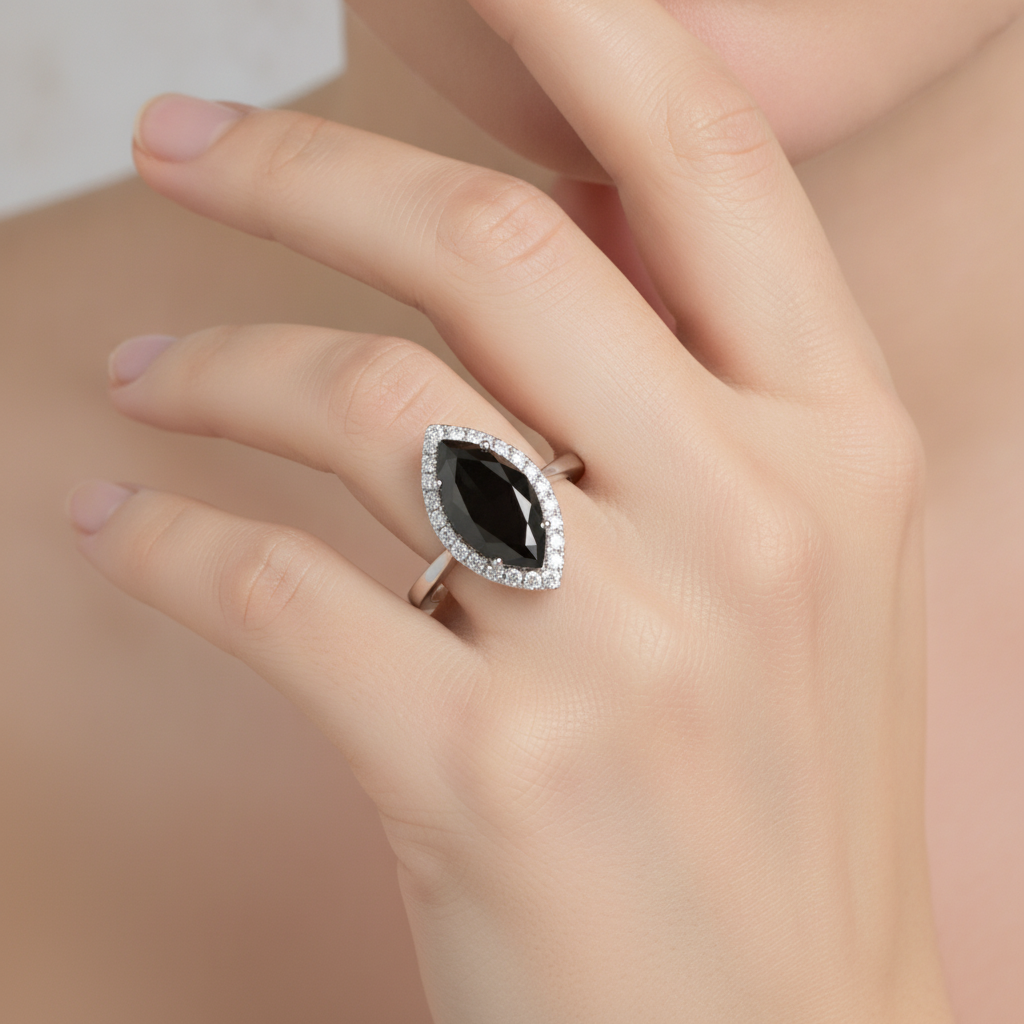 7 Carat Marquise Black Diamond and White Diamond Halo Ring Natural 14K White Gold