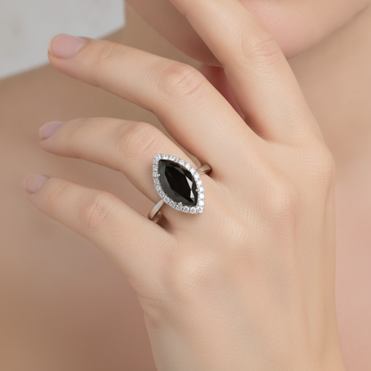 7 Carat Marquise Black Diamond and White Diamond Halo Ring Natural 14K White Gold