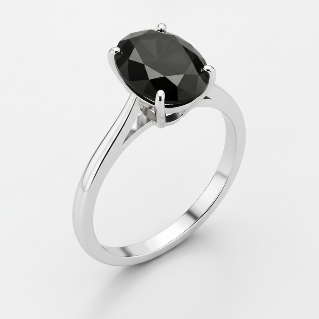 7 Carat Oval Black Diamond Solitaire Ring Natural 14K White Gold