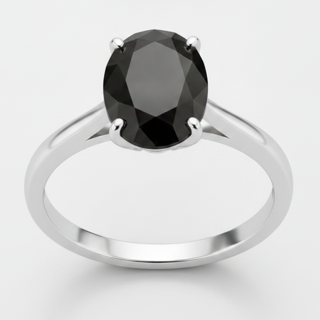 7 Carat Oval Black Diamond Solitaire Ring Natural 14K White Gold